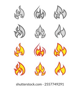 Vector icon set of burning fire outline