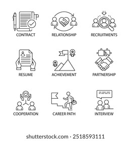 Ícone de vetor definido para HR de negócios e sucesso de carreira. Abrange elementos-chave, como ícones de currículo, recrutamento, cooperação, parceria e trajetória de carreira, com ilustrações monocromáticas.