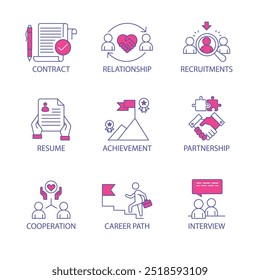 Conjunto de iconos de Vector para la gestión empresarial y el desarrollo profesional. Incluye la firma de contratos, la creación de relaciones, la contratación, el Envío de currículum.