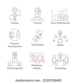 Vector icon set for business performance and development. Includes process control, team consulting, brand value, personal growth, and marketing analytics.