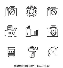 Vector icon set for camerist.  Elements for photographer logos. Modern line art style.  Black and white.