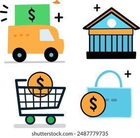 Vector icon set, car, shopping bag, online shopping