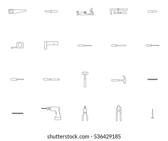 Vector icon set for carpentry tools and equipment on white background