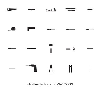 Vector icon set for carpentry tools and equipment on white background