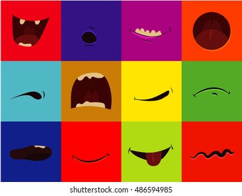 vector icon set - cartoon mouths, happy, scared, screaming, happy, smile, grin, laughing