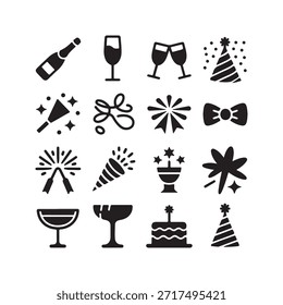 Conjunto de iconos de Vector para celebraciones, fiestas y días festivos. Incluye champán, confeti, pastel de cumpleaños y sombreros de fiesta. Glifos de silueta negra perfectos para el Web UI.