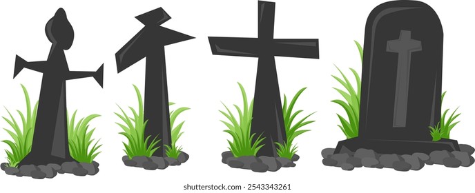 Vector icon set of cemetery posts with grass