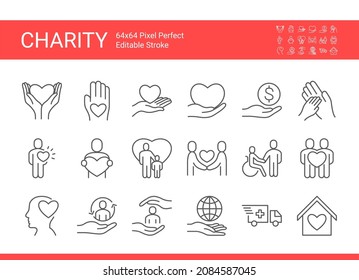 Vector icon set of charity. Volunteer and Charity Organisations, donations symbols. Editable vector stroke. Pixel perfect.