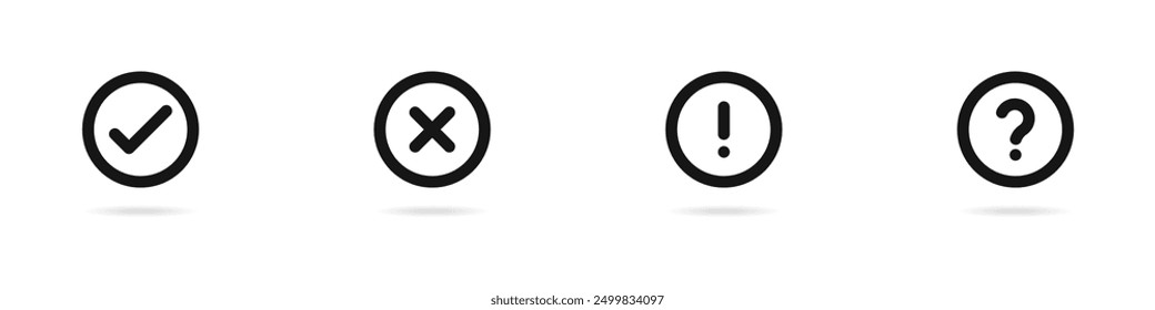 Vector icon set of check mark, exclamation point, question, cross in a circle. A set of punctuation marks. A simple set of attention signs. Vector illustration.