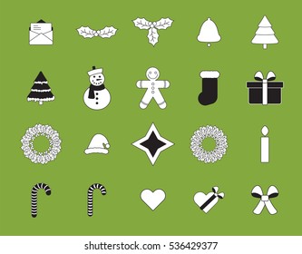 Vector icon set for christmas on green background