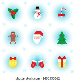 Vector icon set of Christmas tree, Santa Claus, Star, Candy cane, mittens, Snowman in flat style on winter background. Festive Xmas elements for design, posters. Christmas decoration.