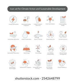 Vector icon set for Climate Action and Sustainable Development. Features icons for solar and wind energy, eco-friendly packaging, efficient waste management, and sustainable urban planning.