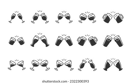 Vector Icon Set of Clinking Glasses. Cocktail, Wine, Beer, Champagne and Other Glasses