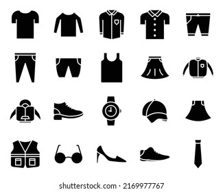 Vector icon set of clothes. Contains such Icons as shirt, trousers, jacket, shoe, hat, skirt, tie, watch, glasses, undershirt, vest. Solid icon style, glyph. Simple design editable