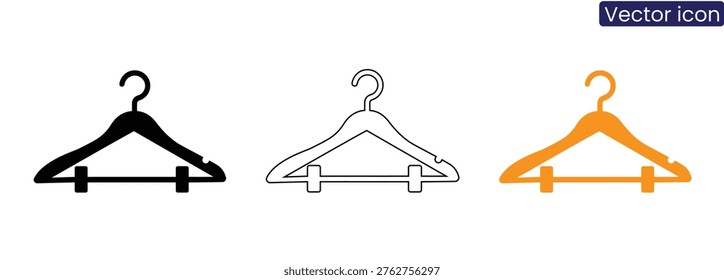 Vector icon set of clothing hangers in black, white, and orange on a clean white background, perfect for web design, infographics, or presentations.