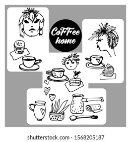 Vector icon set for coffee home house isolated on white background. Face of man, woman, child, cup, saucer, spoon, dessert, napkin, inscription for use in design, stickers, coloring, postcard