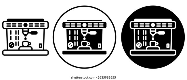 Vector icon set of coffee machine in three styles: outline, glyph, and inverse. Perfect for cafe, kitchen appliance, or coffee-related designs and UI elements