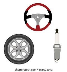 Vector icon set collection car parts.  Sport steering wheel, spark plug and wheel. Auto details
