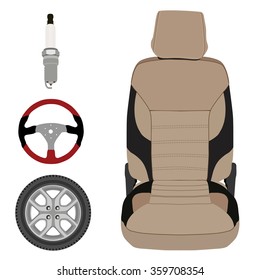 Vector icon set collection car parts.  Sport steering wheel, car seat, spark plug and wheel. Auto details