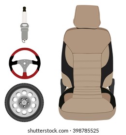 Vector icon set collection car parts.  Sport steering wheel, car seat, spark plug and wheel. Auto details