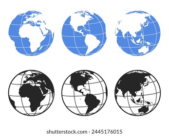 Vector icon set collection of globes of earth. Simple world map illustrations in a globe shape isolated on a white background. Earth hemispheres with continents