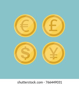 Vector icon set, collection golden coins dollar, euro, yenna and pound isolated. Finance money sign