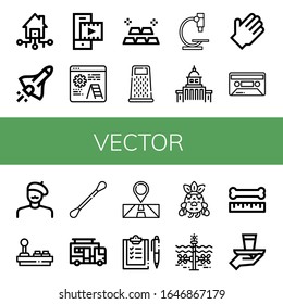 vector icon set. Collection of Smart house, Space shuttle, Video player, Development, Gold, Grater, Microscope, Government, Rubber gloves, Cassette, Painter, Joystick, Cotton swabs icons