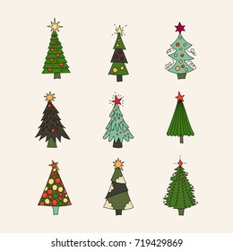 Vector icon set with color modern Christmas trees. New year cartoon doodle symbols.