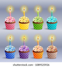 Vector icon set - colorful birthday cupcakes with candles. EPS10