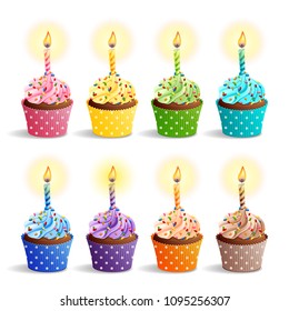 Vector icon set - colorful birthday cupcakes with candles. EPS10