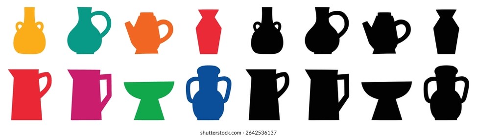 Vector icon set of colorful and black ceramic vessels, pots, vases, and jugs in ancient and modern styles. Ideal for history, pottery, craft, and decoration related design projects.