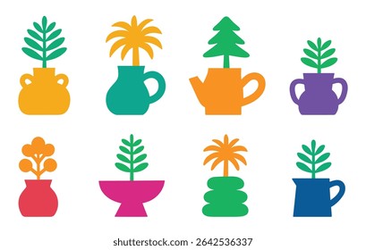 Vector icon set of colorful potted plants in creative vases, jugs, and pots. Perfect for decor, gardening, indoor plants, and botanical themed design projects and illustrations.