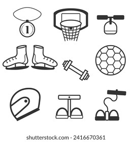 conjunto de iconos vectoriales conjunto completo de equipos deportivos. pelota, saltos, patinaje, boliche, baloncesto, fútbol, atletismo y otros