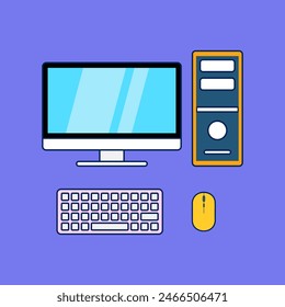 Vector icon set of computer, cpu, mouse, keyboard