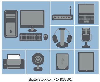 vector icon set of computer devices: personal computer, router, laptop, printer, web camera, earphones, microphone, hard drive, tablet
