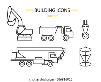 Vector icon set with Construction machine. Construction crane  and excavator isolated on white background.