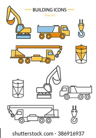 Vector icon set with Construction machine. Construction crane  and excavator isolated on white background.