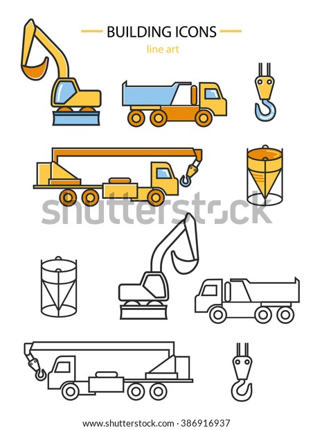 Vector icon set\
with Construction machine. Construction crane  and excavator\
isolated on white\
background.