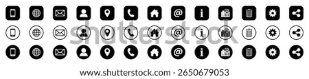 Vector icon set of contact and communication symbols. Includes outline, filled, and circular styles. Icons of phone, mail, user, location, home, trash, share, gear, info, and more.