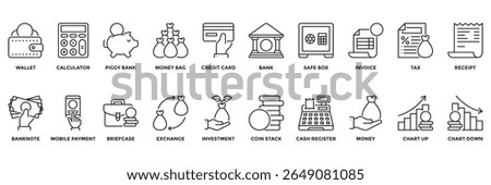 Vector icon set contains finance and financial icons. Contains wallet, bank, calculator, invoice, credit card and investment icons. Suitable for applications, fintech, accounting and business use.
