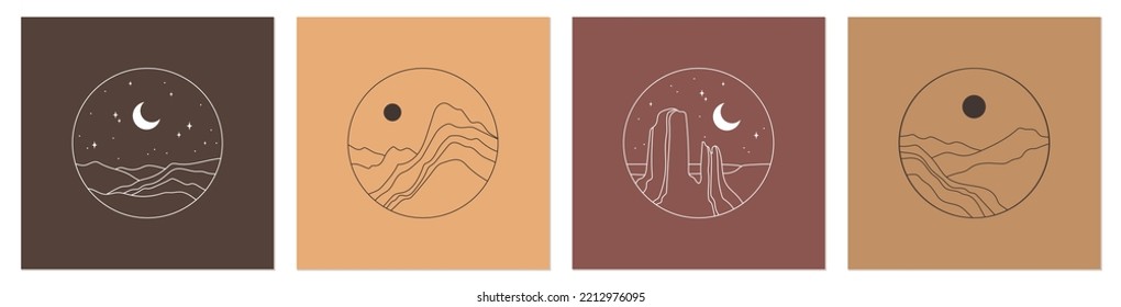 Vector icon set. Contemporary landscapes with sun, moon and mountains. Bohemian art. 