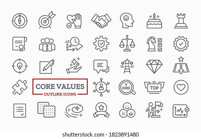 Vector Icon Set Of Core Values For Company With Thin Line Sign Of Innovation, Teamwork, Trust, Optimism