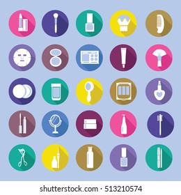 Vector Icon Set of Cosmetics, MakeUp and Beauty objects, Accessories Symbols in flat style with long shadow- Illustration