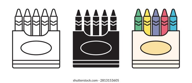 Vector icon set of a crayon box. Includes outline with editable stroke, solid glyph, and colorful filled outline style illustrations of wax crayons.