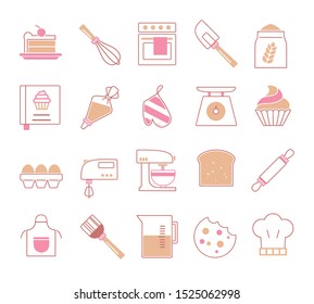 Vector Icon Set For Creataing Infographics Related To Baking, Including Food Like Cupcake, Tools Like Piping Bag Or Whisk And Various Ingredients Like Eggs Or Flour