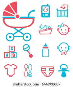 Vector icon set for creating infographics related to childbirth and newborn babies like baby phone, stroller, bottle, face, crib or bath