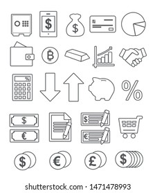 Vector icon set for creating infographics related to finances, banking, retail, commerce and money saving