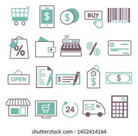 Vector icon set for creating inforaphics related to online shopping, sale and commerce, including shopping cart, mobile phone, buy button, price tag