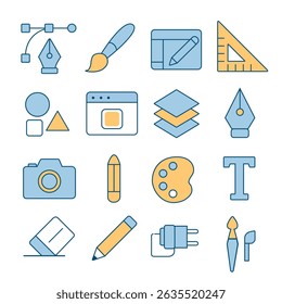 A vector icon set of creative tools including pen, brush, palette, camera, and design elements. Perfect for graphic design, digital art, and UI and UX projects.