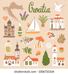 Vector icon set of Croatia's symbols. Travel illustration with croatian landmarks, food and plants.